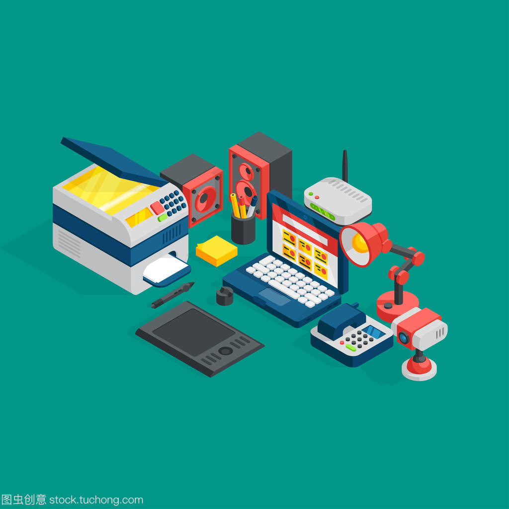 等距視角下的現(xiàn)代辦公室 設(shè)備與家具的矢量美學(xué)